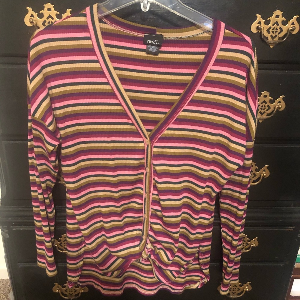 Strip button up shirt with knot/tie at bottom